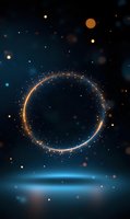 Magical glowing ring with sparkles floating in dark space against deep blue background with bokeh lights and mysterious atmosphere. Cosmic portal concept.