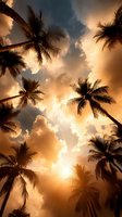 Looking up at palm trees silhouetted against dramatic golden sunset sky with sunbeams breaking through clouds, creating tropical paradise atmosphere.