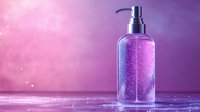 Purple liquid soap dispenser bottle with sparkles on gradient pink violet background for bathroom skincare and hygiene products.