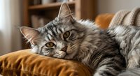 Adorable gray tabby kitten with striking yellow eyes resting comfortably on orange velvet couch in cozy living room setting for pet care content.