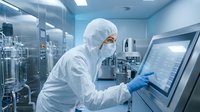 Scientist in protective suit operating touchscreen control panel in sterile pharmaceutical manufacturing facility with modern equipment and clean room environment.