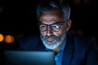Middle-aged Caucasian businessman with gray hair and beard wearing glasses works late at night on laptop, illuminated by blue screen light in dark office.