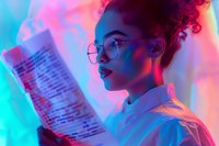 Young African American businesswoman in glasses reading document against neon blue and pink background, profile view capturing modern corporate aesthetic.