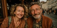 Happy mature couple smiling together at outdoor European cafe during golden hour sunset creating warm romantic atmosphere for travel and lifestyle content.