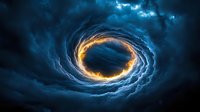 Glowing energy portal with fiery orange ring surrounded by swirling blue storm clouds in dark mystical atmosphere creates supernatural cosmic effect.