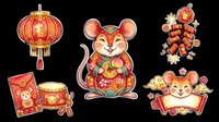 Cute cartoon rat set for Chinese New Year, isolated on transparent background. Includes lantern, drum, red envelope, firecrackers, and banner. Great for stickers, clipart, and t-shirt design.