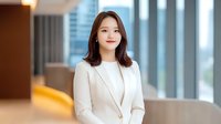 Young Asian businesswoman in white blazer standing confidently in modern office hallway with glass windows and natural lighting, professional corporate portrait.