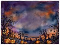 Spooky haunted house with glowing jack-o-lanterns, bare twisted trees, and eerie silhouettes under a dramatic purple and orange twilight sky. Halloween themed artwork.