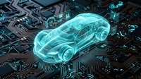 Futuristic holographic car model floating above electronic circuit board with glowing cyan light effects for automotive technology and smart vehicle concepts.