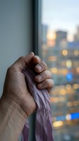 Close-up of a person's hand holding purple fabric against a window with blurred cityscape and illuminated buildings in the background at dusk.