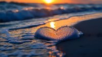 Heart-shaped ice formation on beach at sunset, glowing with golden light. Frozen water crystal reflects orange sun rays on dark sand against ocean waves background.