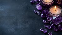 Glowing candles surrounded by purple amethyst crystals and healing stones on dark textured background, creating mystical spa atmosphere.