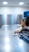 Sick dog lying on veterinary examination table with stethoscope and pills in modern animal hospital clinic for pet healthcare treatment.