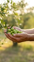 Farmer holding fresh green olives in hands at harvest time in sunny orchard with blurred foliage background, suitable for agriculture and food industry marketing.