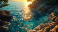 Dramatic sunset over rocky coastline with turquoise Mediterranean waters reflecting golden sunlight, creating magical sparkles on gentle waves between cliffs.