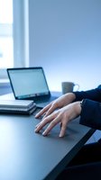 Professional businesswoman hands typing on laptop computer at modern office desk with coffee cup and notebook in blue toned workspace for remote work productivity.