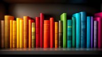 Colorful books arranged in rainbow spectrum order on wooden shelf, spines creating vibrant gradient from yellow through red, green, blue to purple. For education and library concepts.