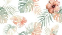 Watercolor tropical leaves and hibiscus flowers in soft coral, green, and cream tones on white background. Isolated botanical design elements suitable for wallpaper, textiles, and home decor.