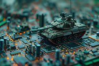 Military tank model on computer circuit board with glowing elements, creative concept combining warfare technology and electronics in teal and orange tones.
