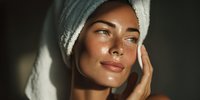Young woman with freckles wearing white towel touching face in natural sunlight for skincare and beauty wellness routine after shower or spa treatment.