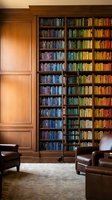 Elegant home library with floor-to-ceiling wooden bookshelves filled with colorful books and leather armchairs for reading and study.