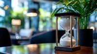 Elegant hourglass timer on wooden desk in modern office with green plants and blurred background lights creating professional workspace atmosphere.