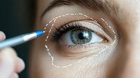 Close-up of green eye with dotted surgical markings and blue medical marker pen, demonstrating preparation for cosmetic eyelid procedure on light skin.