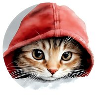 Adorable tabby cat peeking out from red hood against white background, digital art illustration showing detailed whiskers and expressive eyes.
