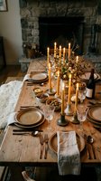 Elegant dining table setting with lit gold candles, dried florals, place settings, wine bottle and glasses arranged for formal dinner celebration in front of fireplace.