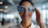 African American businesswoman wearing augmented reality smart glasses with financial data display in modern office environment.