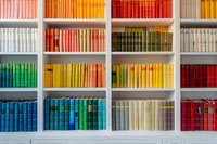Colorful books arranged by spectrum colors on white wooden shelves creating rainbow pattern in library or bookstore, modern interior design element.