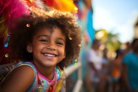 Happy young African American girl with curly hair wearing colorful feathered carnival headdress smiling joyfully at outdoor festival celebration.