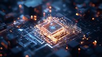 Glowing processor microchip with circuit paths and orange light effects on dark background, modern computing technology concept for artificial intelligence.