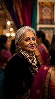 Elegant senior South Asian woman with gray hair and traditional scarf at cultural gathering with colorful fabrics and warm lighting in background.