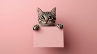 Curious tabby cat peeking over blank pink card against rose background, paws visible on top edge. Playful feline expression with copy space for text.