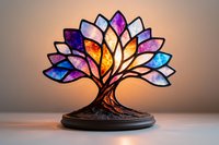 Mystical tree of life sculpture with stained glass effect petals in cosmic colors against soft background. Decorative art piece showcasing rainbow galaxy pattern.