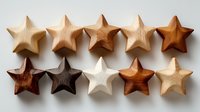 Wooden star shapes in various natural wood tones arranged in two rows on white background, showcasing different timber varieties for craft projects.