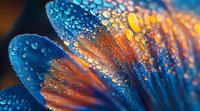Vibrant blue and orange flower petals with morning dew drops creating magical bokeh effect in macro photography. Natural abstract background for wellness designs.