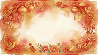 Ornamental red and gold frame with floral elements, lanterns, and traditional Asian design featuring blank center space for text or content placement.