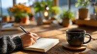 Person writing in notebook with coffee cup on wooden table in cozy cafe with plants and warm lighting creating productive workspace atmosphere.