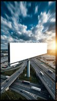 Blank white billboard overlooking busy highway intersection with dramatic cloudy sky at sunset for outdoor advertising campaigns.