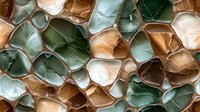 Abstract mosaic pattern of curved shapes in earth tones and sage green creates organic flowing design. Textural elements suggest natural stone or ceramic surfaces.