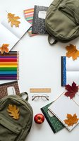 Back to school supplies with green backpacks, colorful pencils, notebooks and autumn maple leaves on white background for education concepts.