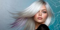 Young Asian woman with flowing platinum blonde and purple hair against turquoise geometric background. Professional beauty portrait showcasing modern hair coloring and styling.