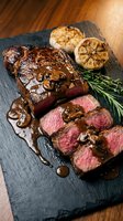 Grilled beef steak sliced medium rare with mushroom sauce, roasted garlic and rosemary on slate board for gourmet dining and restaurant menu concepts.
