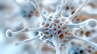Microscopic view of neuron cell structure with synaptic connections in blue and orange tones showing detailed neural network and dendrites for medical science background.