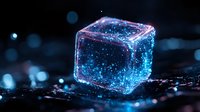 Glowing blue cube with sparkles and light effects on dark background, futuristic digital technology concept for blockchain and quantum computing designs.