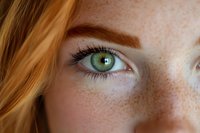 Close-up macro shot of bright green eye with natural freckles and ginger hair fragment, showing detailed iris pattern and long eyelashes against soft skin texture.