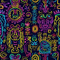 Vibrant neon tribal masks and ancient symbols seamless pattern. Psychedelic aztec and mayan style ornaments on dark background perfect for fabric, wallpaper and modern ethnic designs.