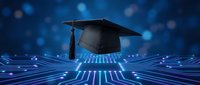 Digital graduation cap floating above glowing circuit board patterns with blue bokeh lights representing online education technology and e-learning achievement.